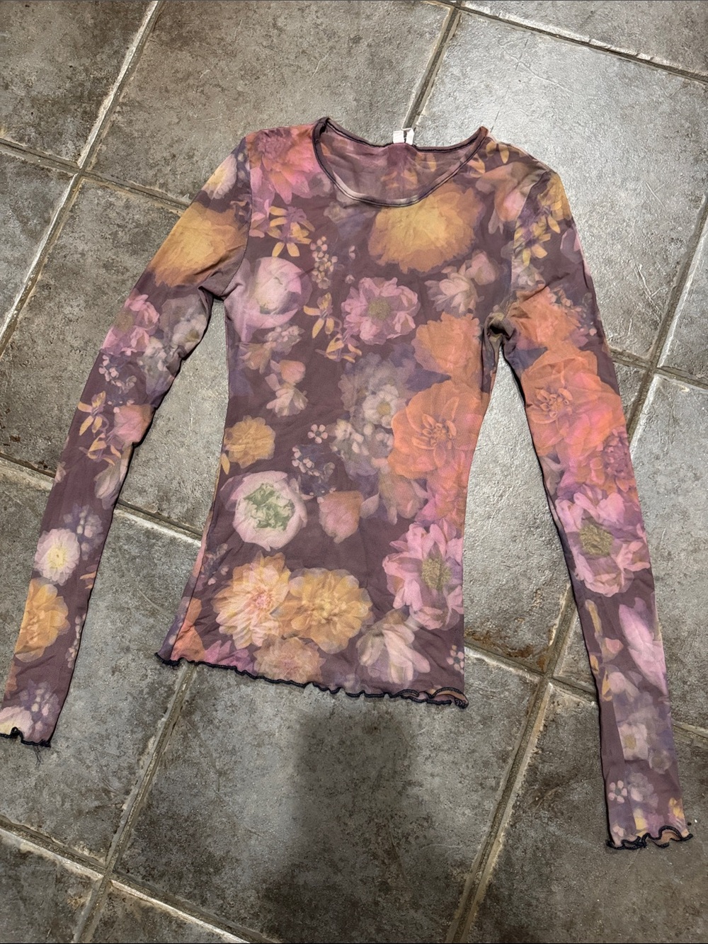 Floral Mesh Long-Sleeve Top in Purple